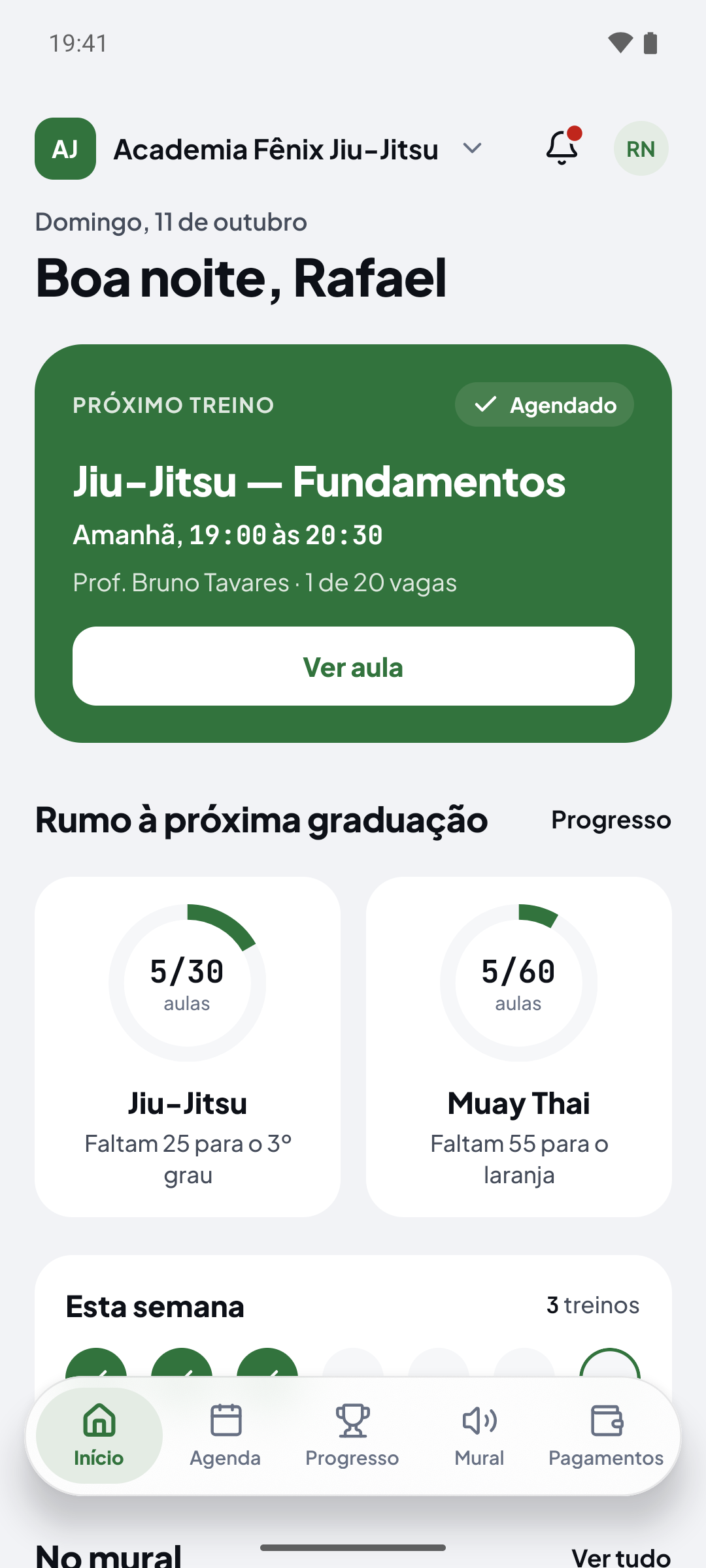Lutaris do aluno: próximo treino agendado e progresso nas graduações de Jiu-jitsu e Muay Thai.