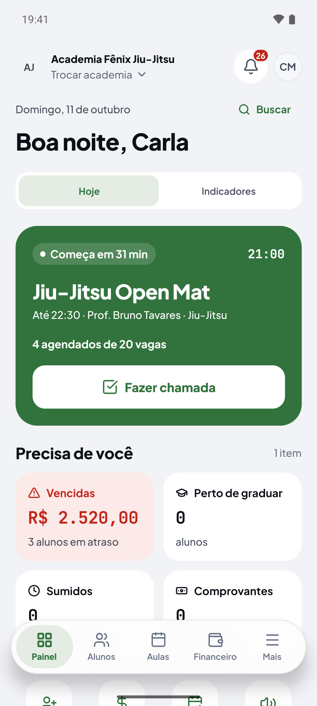 Lutaris Pro: painel de Carla com a próxima aula de Jiu-jitsu, acesso à chamada e pendências da academia.